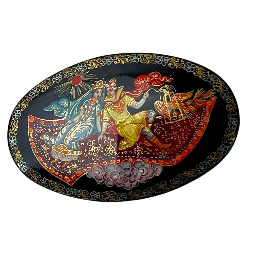 Palekh Russian Lacquer Brooch Ivan Tsarevich Flying Carpet Signed MA Vintage Art